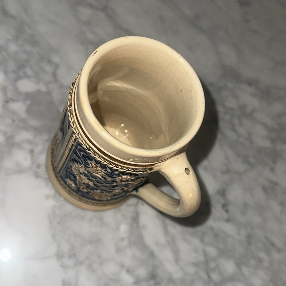 Vintage Ceramic Beer Stein with Blue and Cream Design - Picture 5 of 9